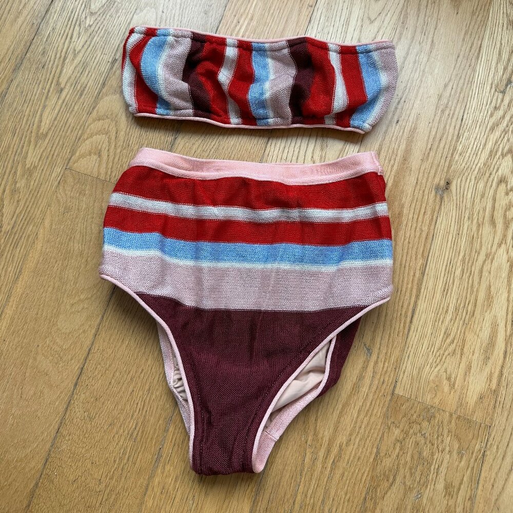 Suboo Two Piece Bikini Swimsuit Multicolored Stripes Knit High Waist Strapless